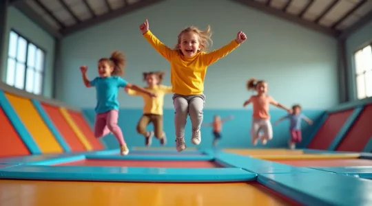 Enfants joyeux en vol sur des trampolines colorés dans un parc couvert brillamment éclairé