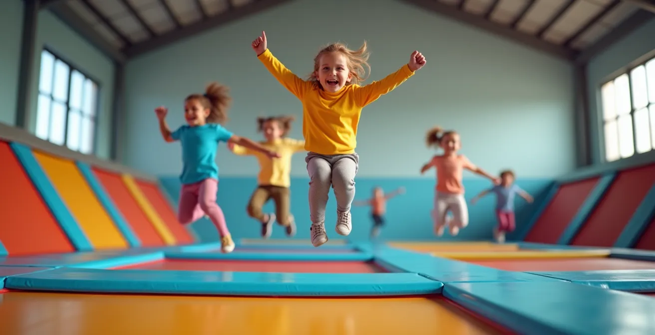 Enfants joyeux en vol sur des trampolines colorés dans un parc couvert brillamment éclairé