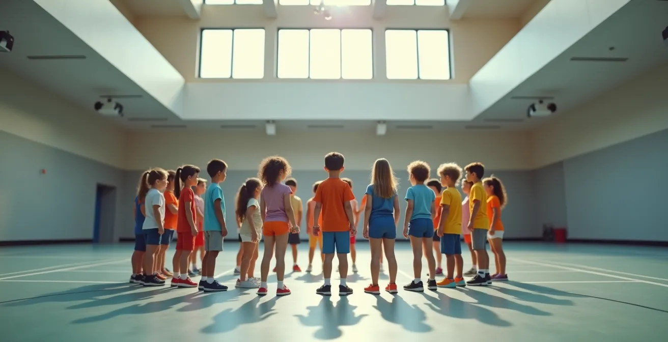 Groupe d'enfants divers formant un cercle dans un gymnase moderne avec lumière zénithale douce