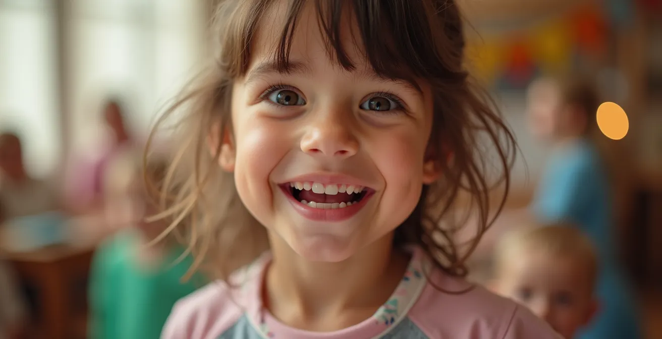 Portrait rapproché d'un enfant rayonnant de joie lors de sa fête
