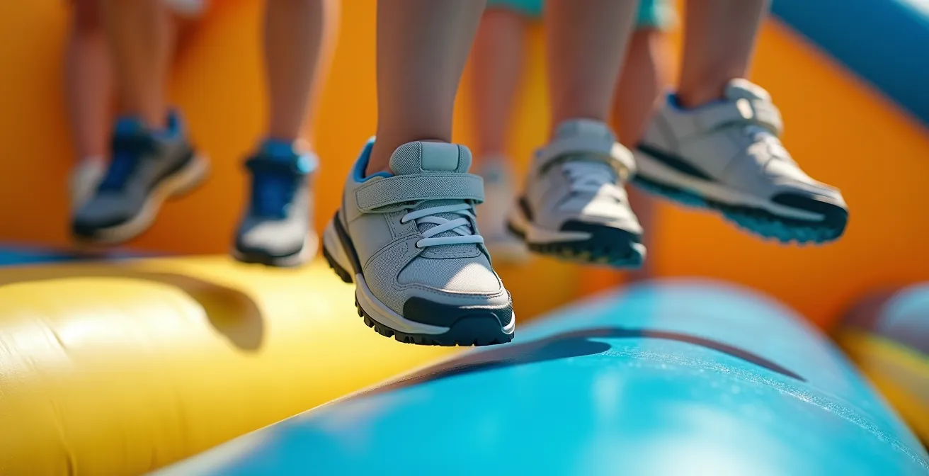 Détail rapproché des pieds d'enfants en suspension dans l'air