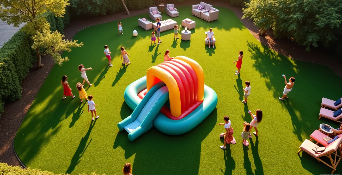 Vue aérienne d'un jardin avec structure gonflable et enfants jouant