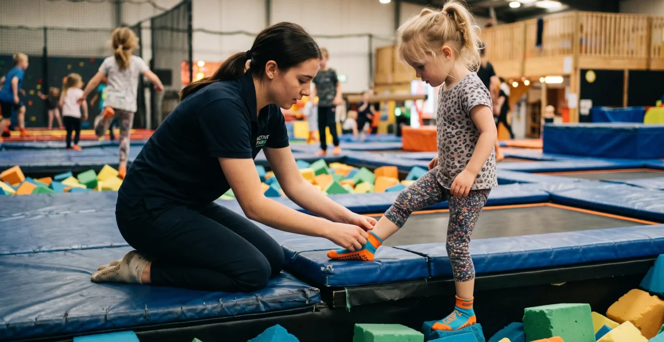 Un employé aide un enfant à chausser des chaussettes antidérapantes au bord d'un trampoline.